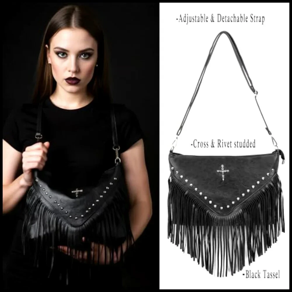 Goth Punk Crossbody Bag Studded Rivet Fringe PU Leather Shoulder Purse - Picture 5 of 7